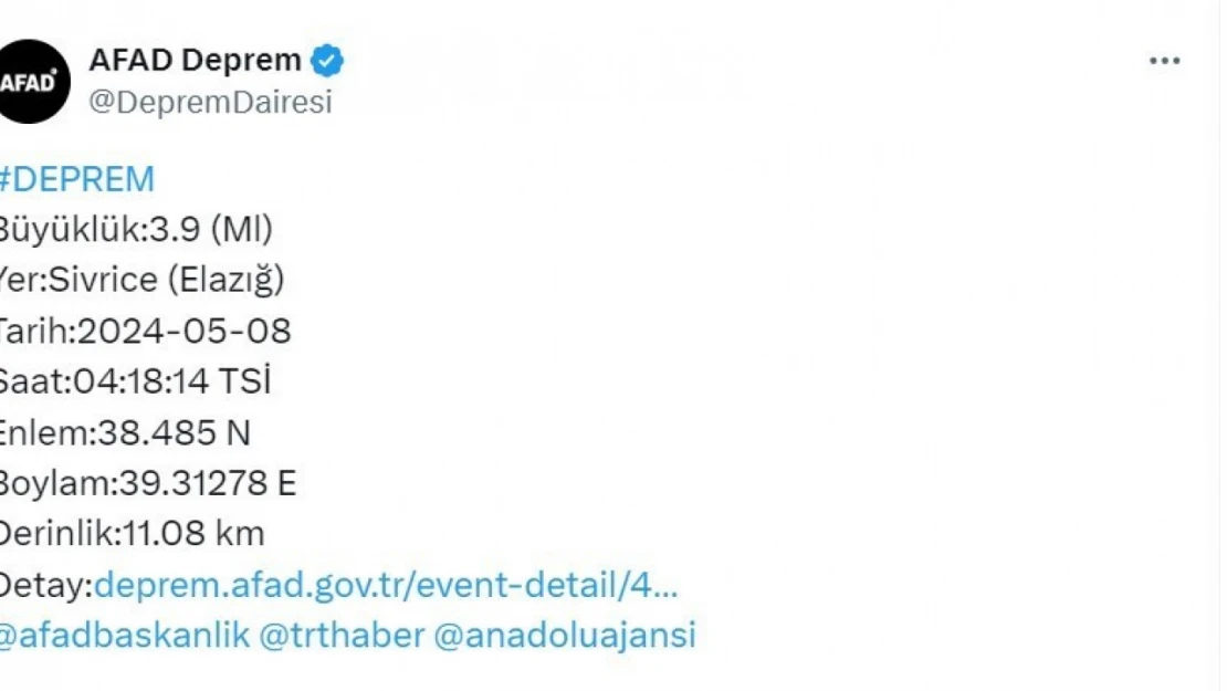 Elazığ'da 3.9 büyüklüğünde deprem