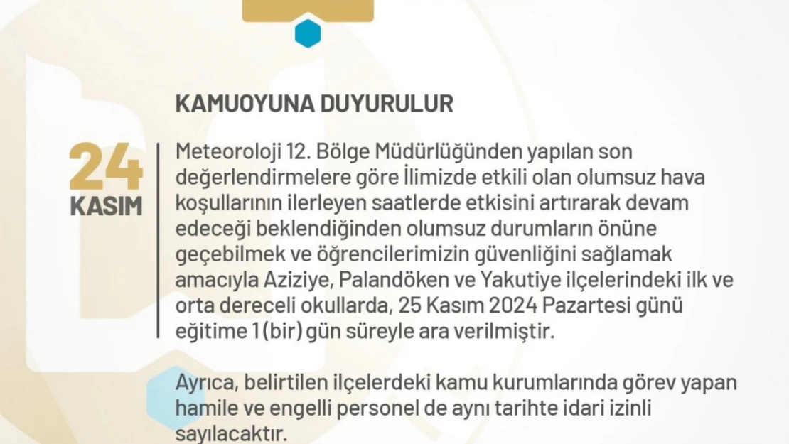 Erzurum'da eğitim bir günlük ara