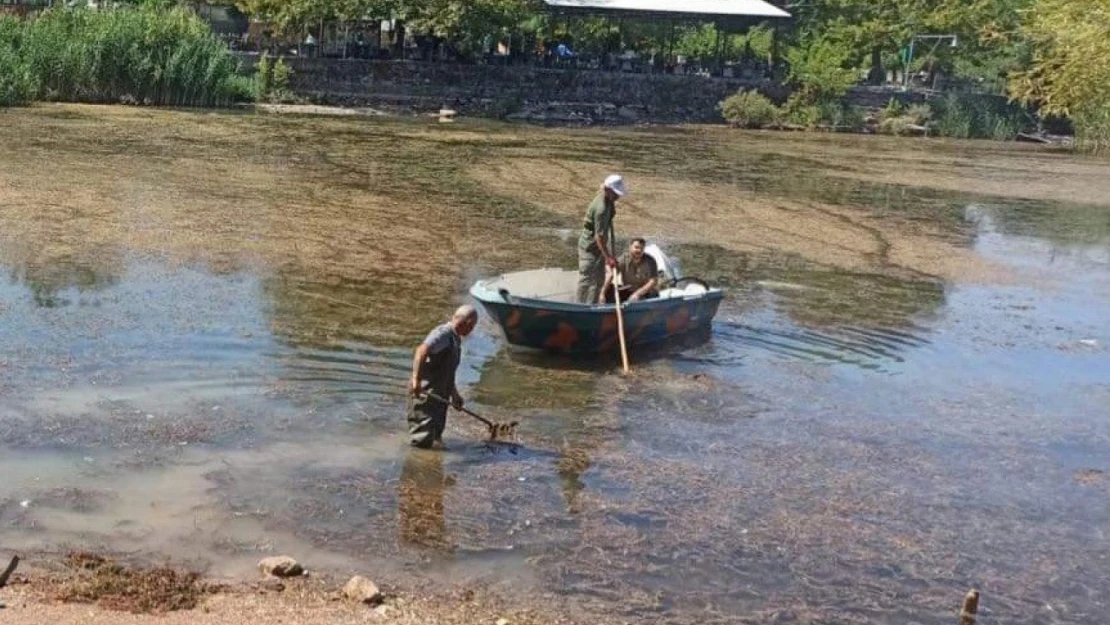 Gölbaşı'nda göl yüzeyinde temizlik yapıyor