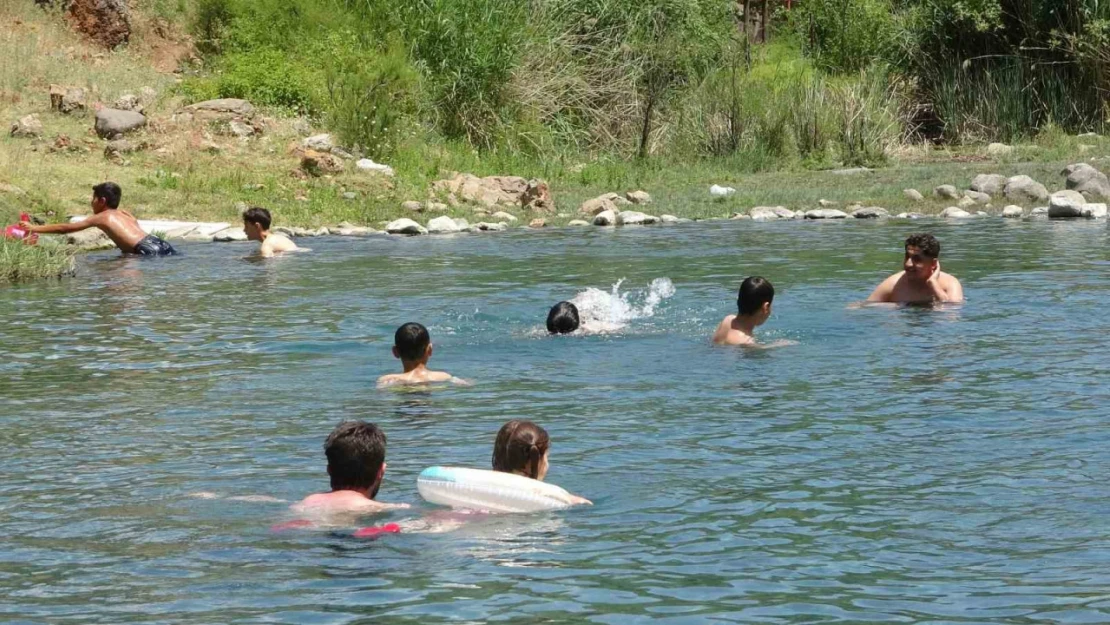 Sıcaktan bunalanlar doğal kaynak suyunda hem serinliyor hem de yüzmeyi öğreniyor