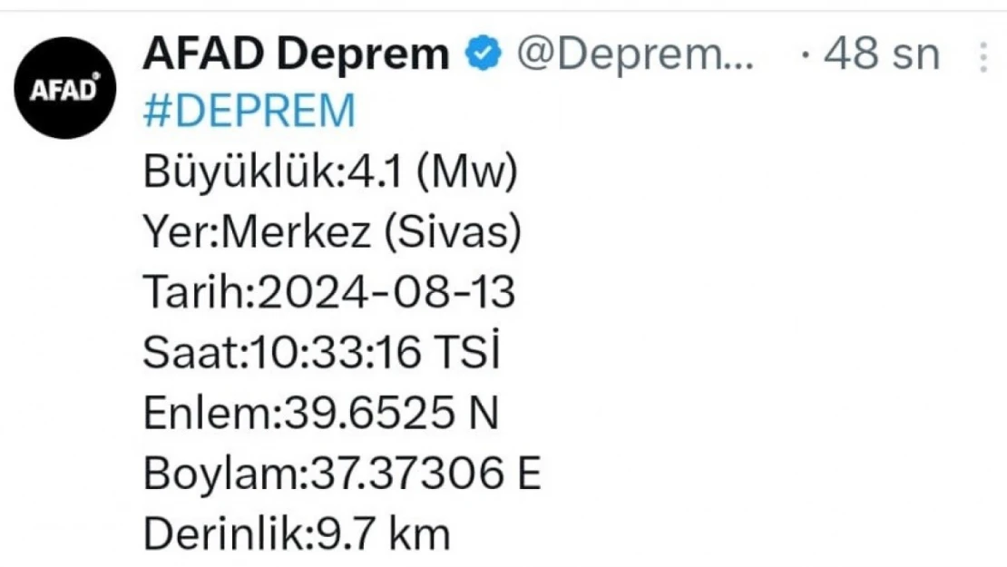 Sivas'ta 4.1 büyüklüğünde deprem