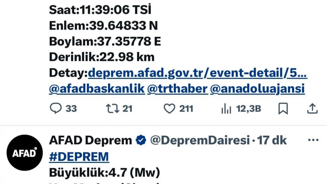 Sivas'ta on dakika arayla iki deprem