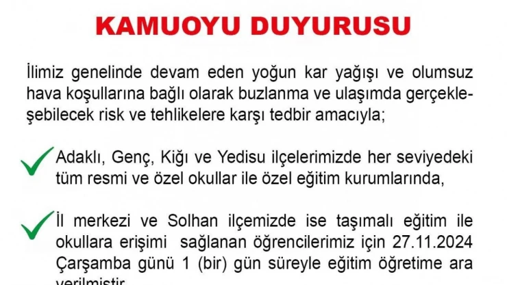 Bingöl'ün 4 ilçesinde okullar yarın tatil edildi