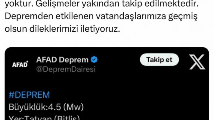 Bitlis Valiliği: 'Şu ana kadar bize ulaşan olumsuz bir durum bulunmamaktadır'