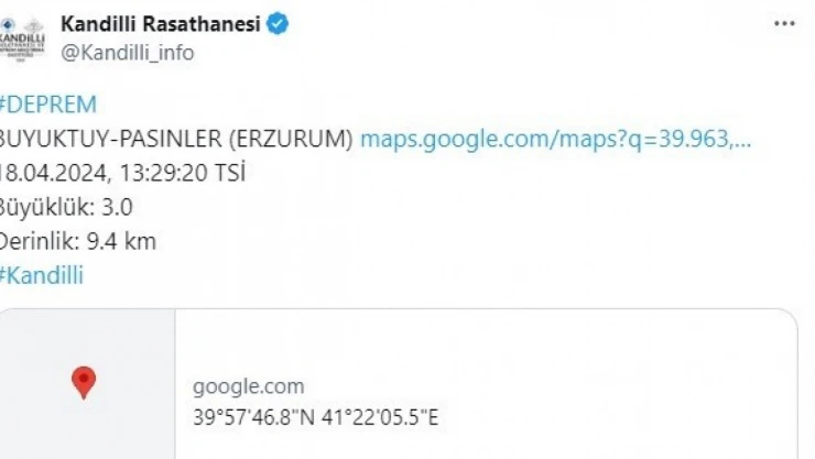 Erzurum'un Pasinler ilçesinde 3,0 büyüklüğünde deprem